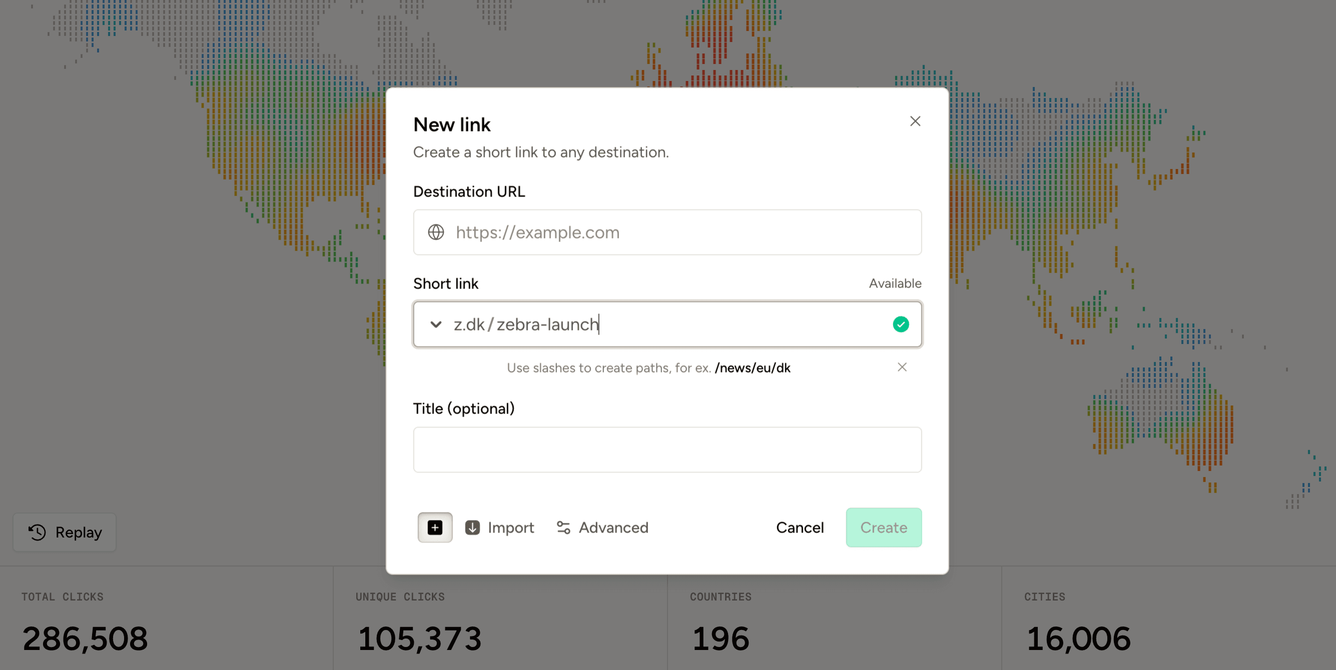 The New link dialog over Zebra's analytics dashboard