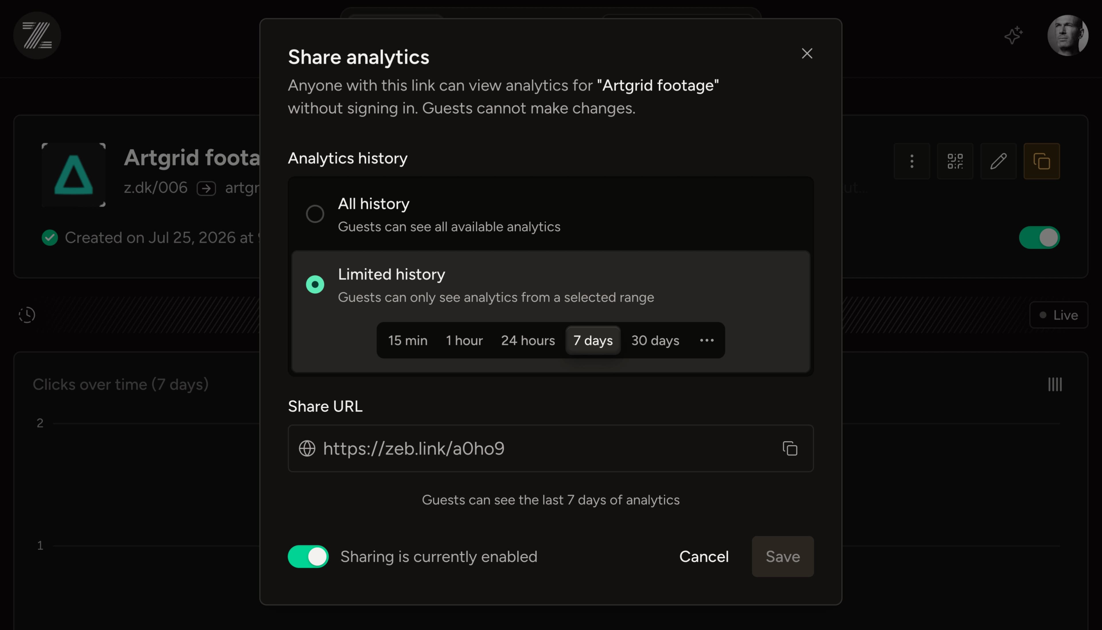 Public sharing dialog for a link's analytics history