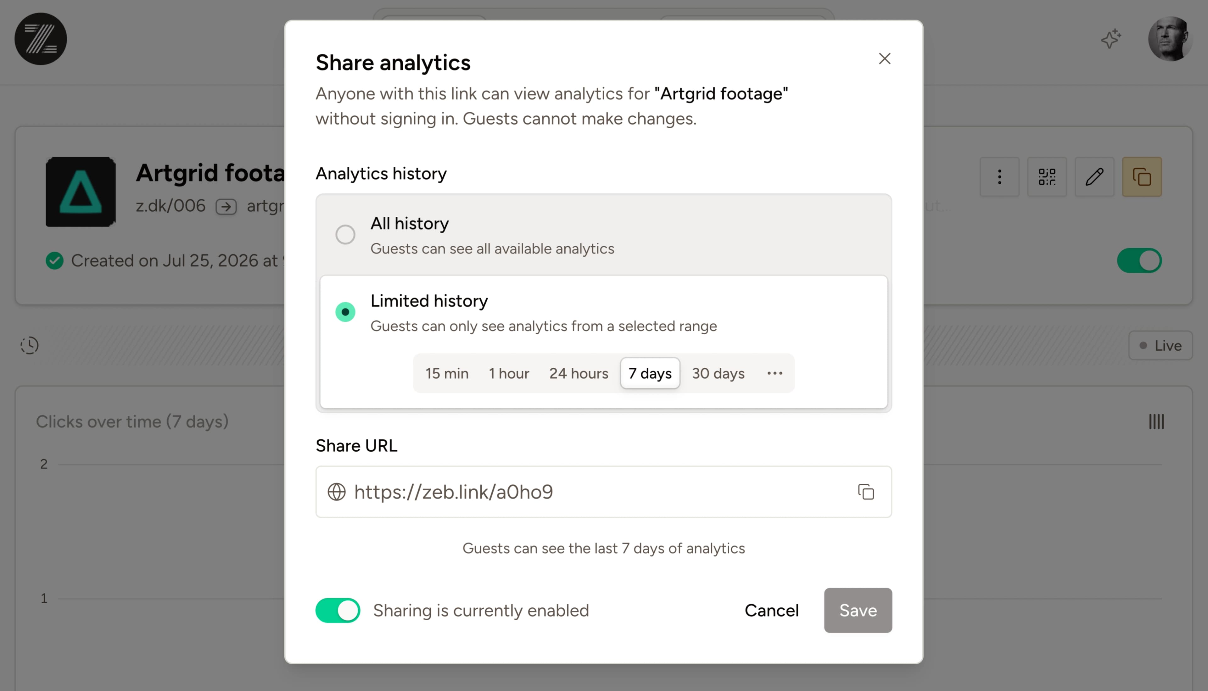 Public sharing dialog for a link's analytics history